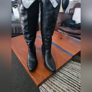 Black Faux Leather Knee-High Pull On Cowboy Boots Size 8